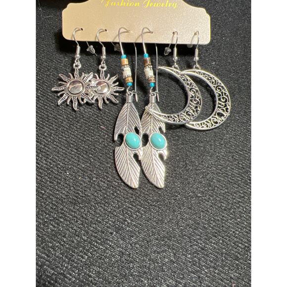 Boho silver turquoise sun moon feather 3 pair of fashion earrings NWT - Picture 2 of 6